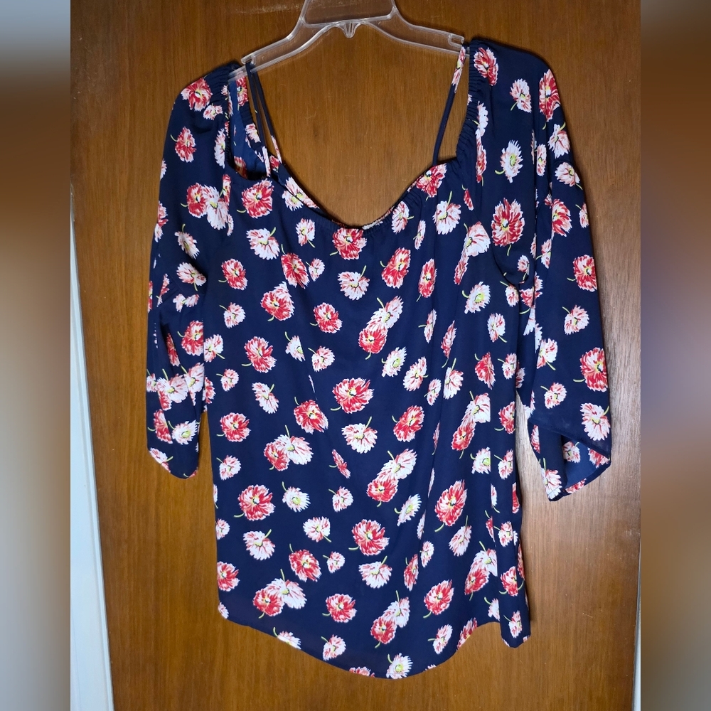 Pleione Navy Floral Print Blouse Size L
